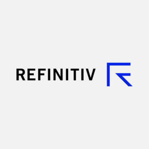 Refinitiv in black font followed by a blue logotype of the letter R