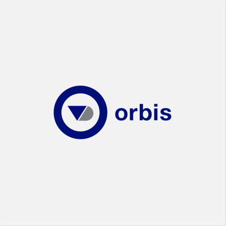 Circular logo followed by the word orbis in blue font
