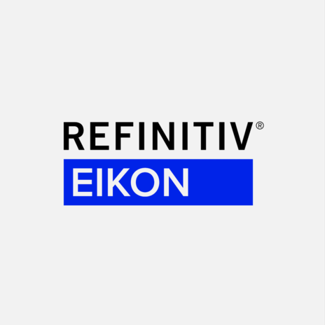 Refinitiv in black font, Eikon in white font on blue background